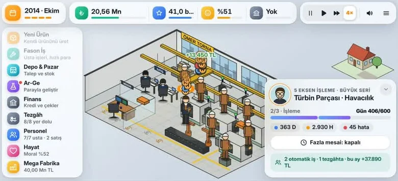 Torna Ustası oyununda 2014 yılındaki fabrika yönetim ekranı